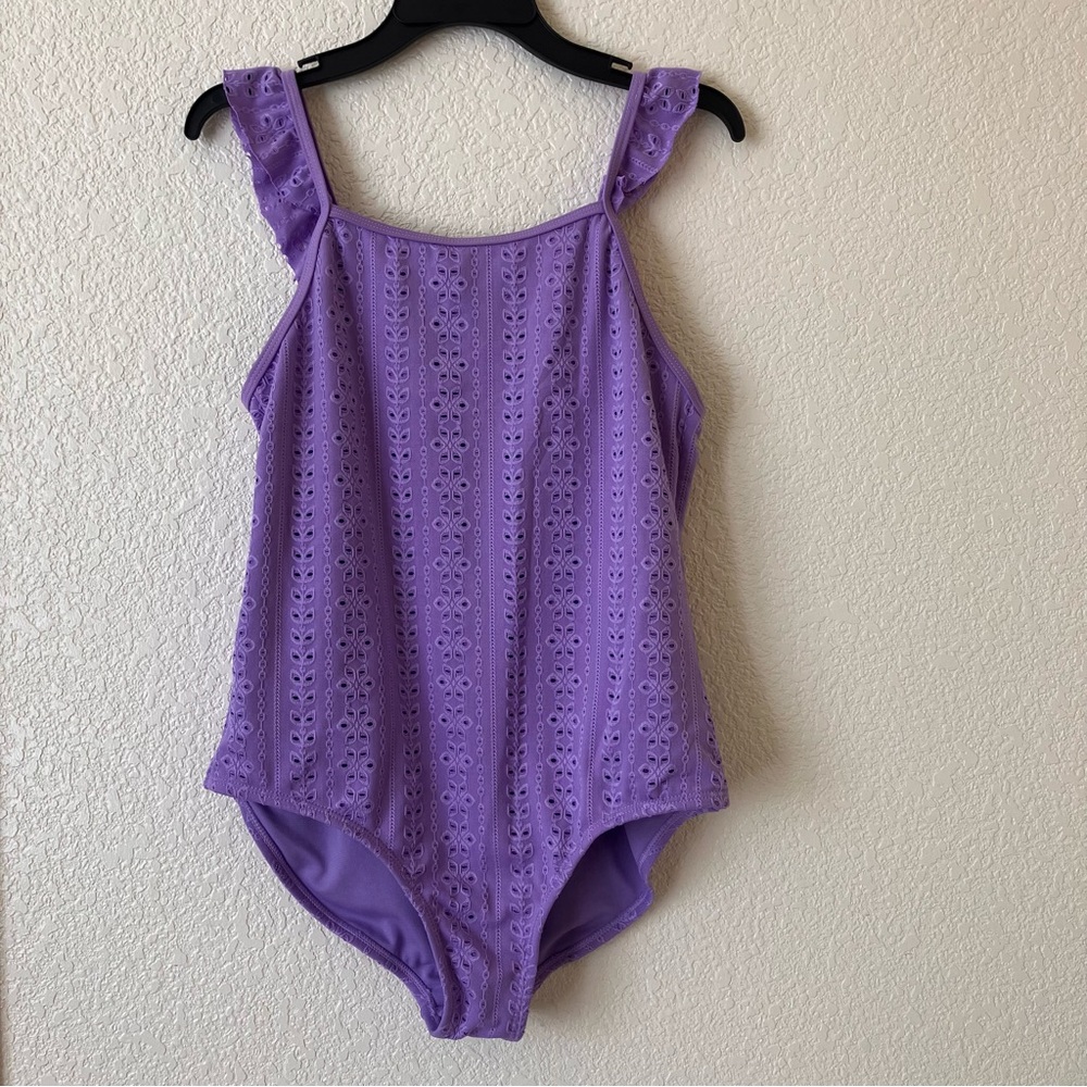 Wonder Nation Girls Purple Eyelet  Flutter Swimsuit  size plus XL 14-16 NWT